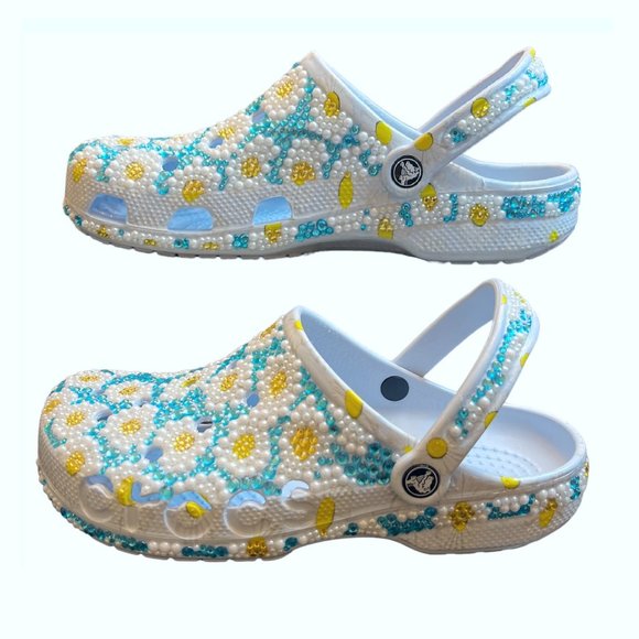NEW CROCS Custom Bling Baya Seasonal Floral Bedazzled Rhinestones & Pearl Clog - Picture 5 of 12